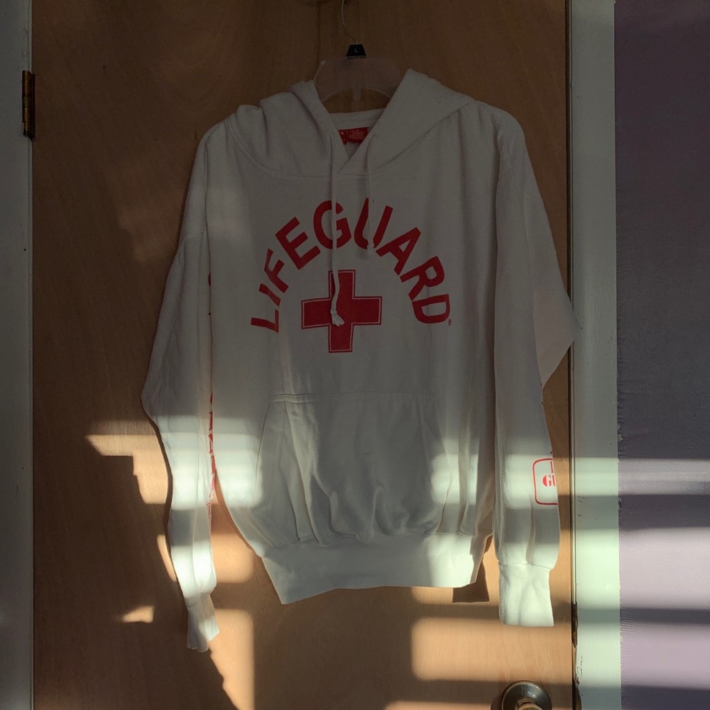 white and red lifegoard sweatshirt